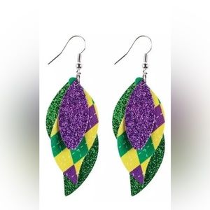 💜💛💚Mardi Gras Earrings, Green, Gold, Purple Glitter Earrings, Diamond Pattern